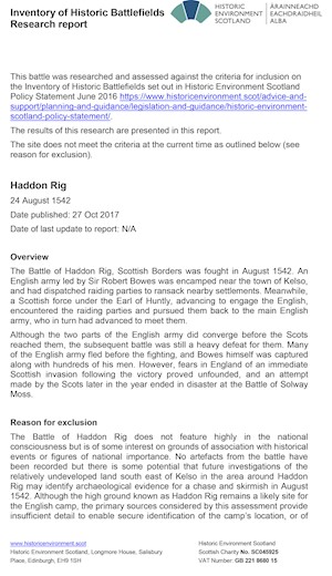 Front cover of the Haddon Rig Battlefield research report